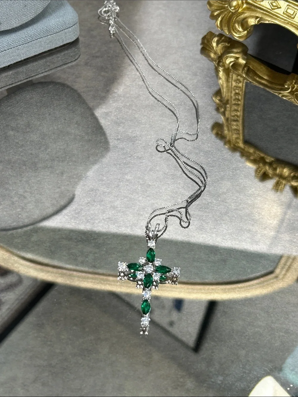 Emerald Green Crystal Cross Pendant Necklace - Silver Tone